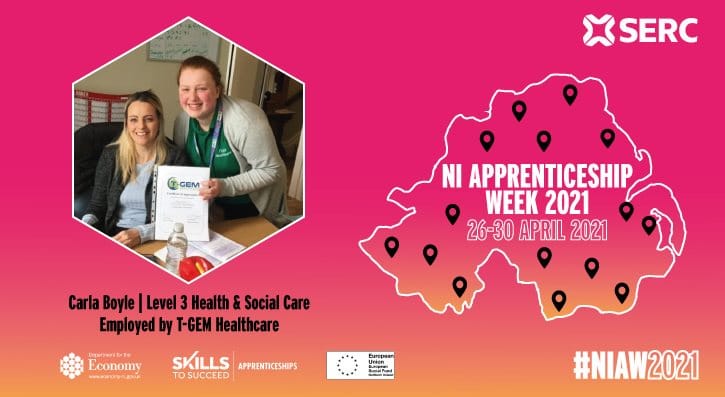 Carla Boyle, 23, from Newcastle, is studying a Level 3 Health and Social Care at SERC through the work-based apprenticeship route to attain the qualifications necessary to progress in the workplace.